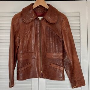 Vintage 70s Girl XS Leather Zip Jacket Babydoll Collar Fitted Amazing